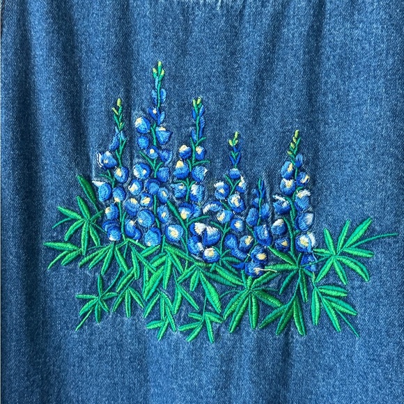 Vintage 90s Casey Coleman Bluebonnet Embroidered Denim Jumper Dress midi overall - Picture 8 of 11